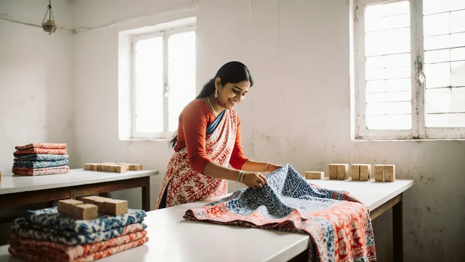 A smiling woman folds blue and red block-printed cotton on a white table in a bright workshop, with stacks of printed fabric and wooden printing blocks around her