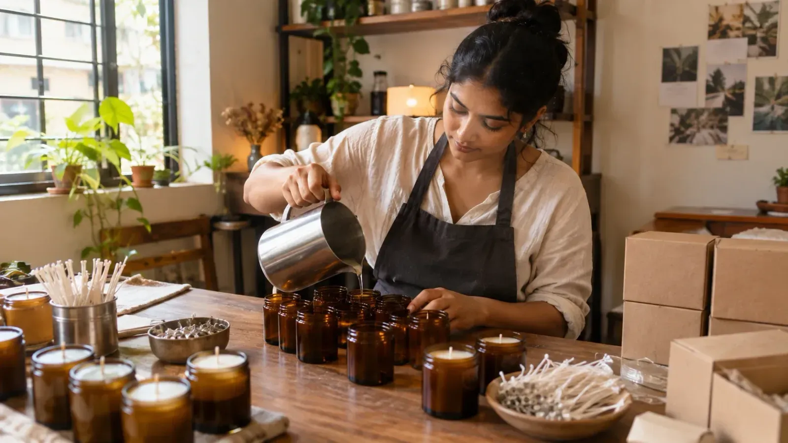 A woman in an apron pours melted wax into amber glass jars on a wooden table, beside finished candles, cotton wicks and plain kraft boxes
