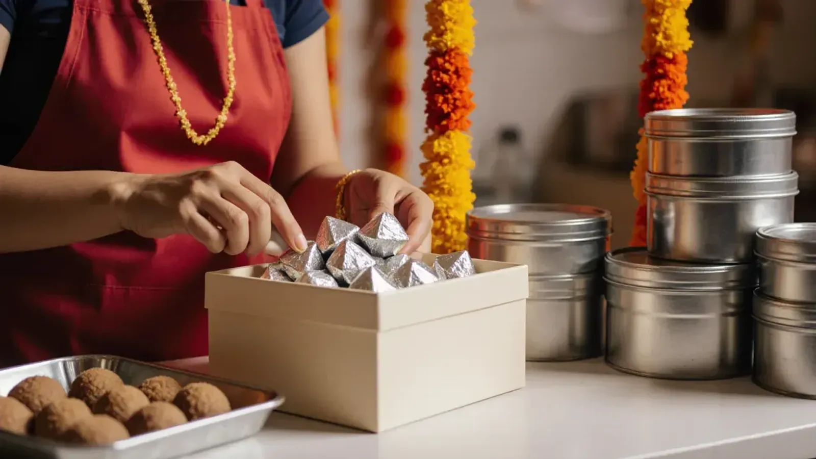 A shop worker in a red apron fills a cream gift box with silver-wrapped sweets, beside a tray of laddoos, stacked steel tins and marigold garlands