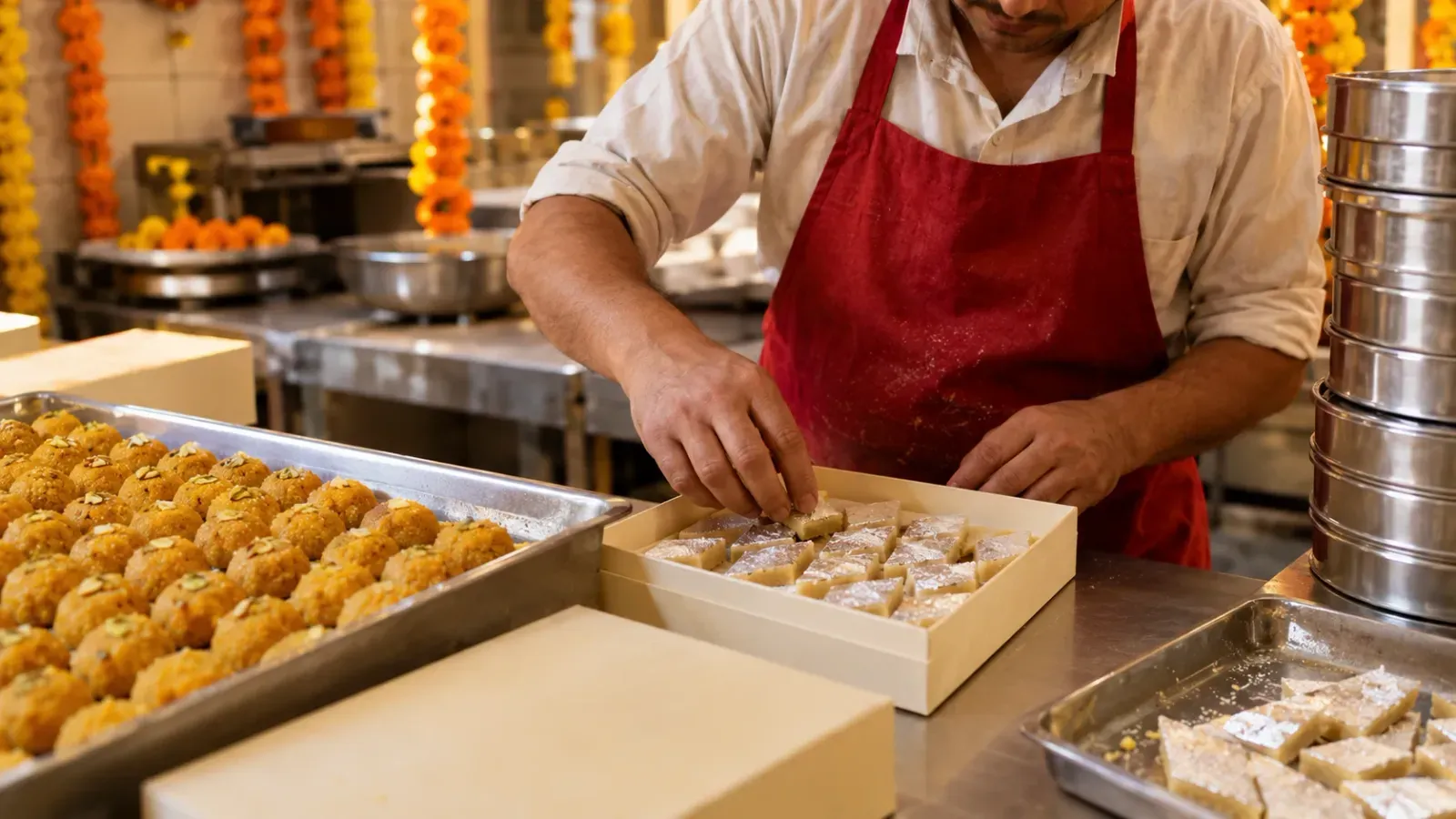A sweet-maker in a red apron places diamond-shaped kaju katli with silver leaf into a cream gift box, beside trays of laddoos, stacked steel tins and marigold garlands