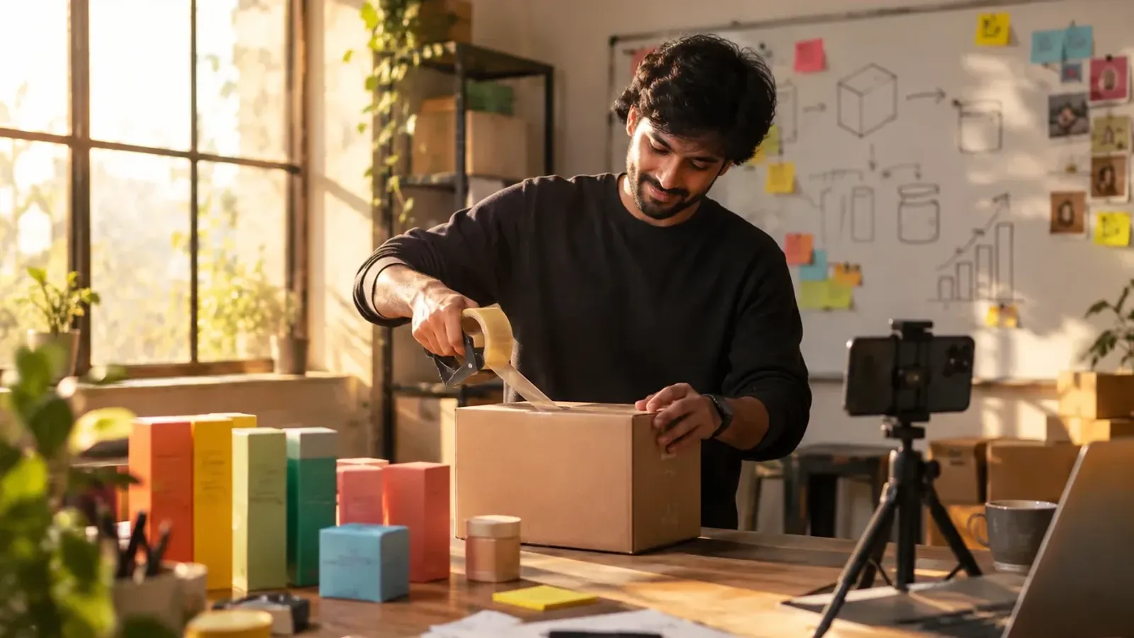 A founder taping up a carton at a workbench, with product boxes, a phone on a tripod and a launch plan on the whiteboard