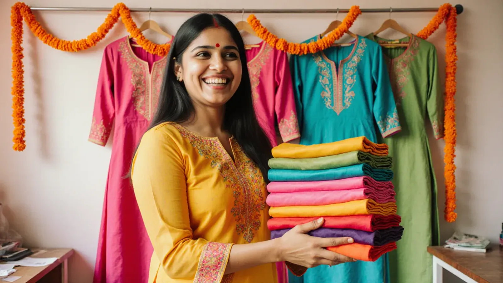 A smiling young woman in a saffron kurta carries a stack of colourful folded kurtas past a rail of pink, turquoise and green kurtas hung with marigolds