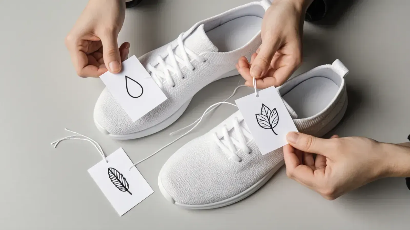 Hands tie small white cards with drawn icons, a water drop, a leaf and a feather, to a pair of white knit sneakers on a grey table