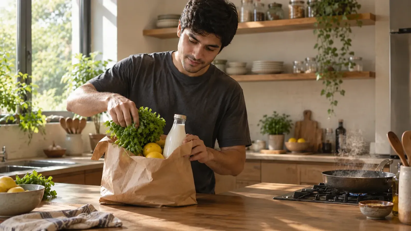 A young man in a sunlit kitchen unpacks a paper bag of coriander, lemons and a bottle of milk, with a pan steaming on the stove behind him