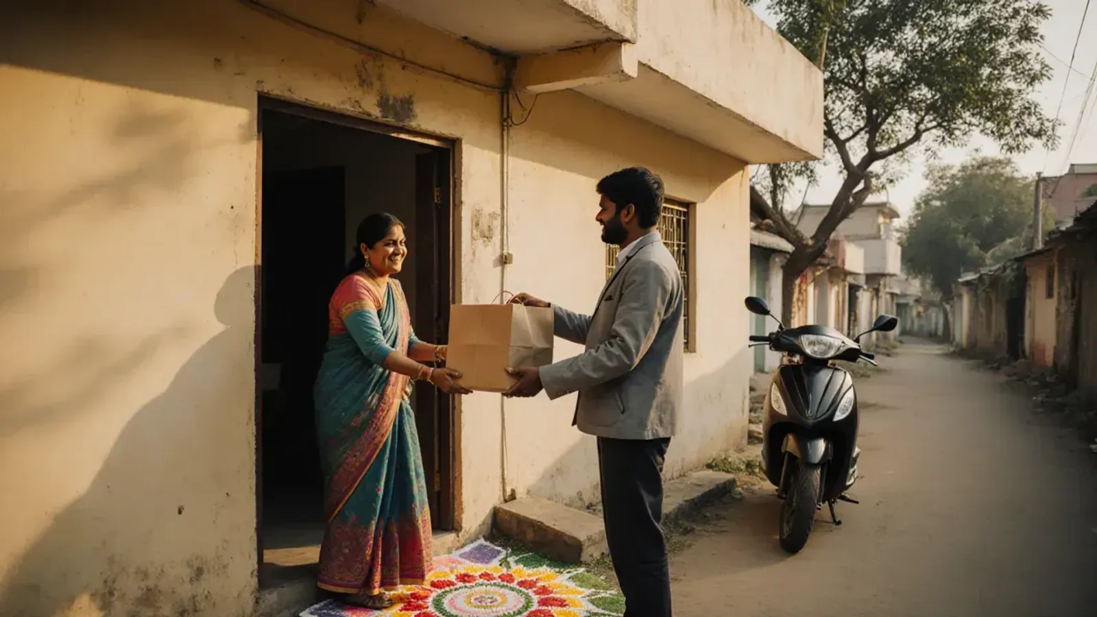 A delivery man hands a brown paper bag to a smiling woman in a sari at the door of a pale yellow house in a small-town lane, his scooter parked behind