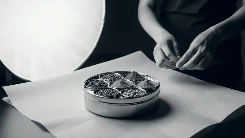 A steel masala dabba of bright spices on a grey paper set, with a round softbox and a photographer's hands beside it