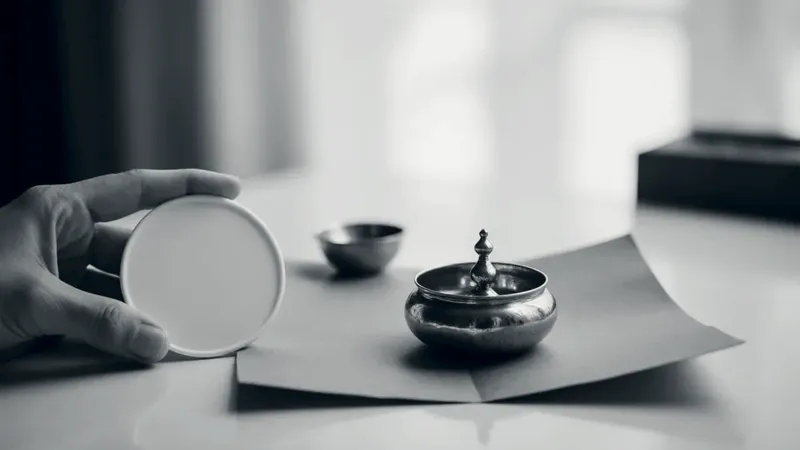 A brass pot and a small brass bowl on terracotta paper, with a photographer's hand holding a small round white reflector beside them