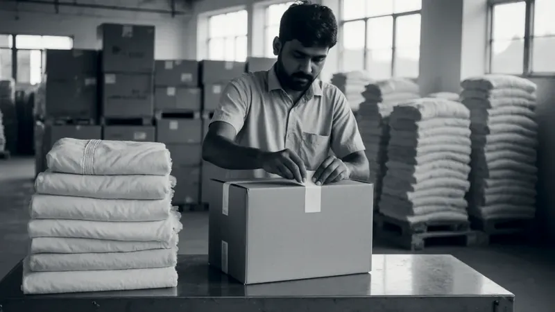 A packer seals a carton with tape on a steel table in a bright warehouse, beside stacks of folded pastel linen and rows of cartons on pallets