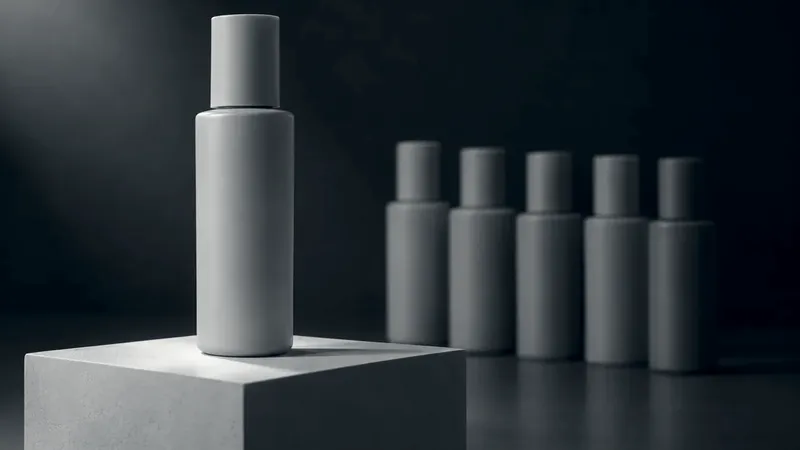 An orange bottle on a stone plinth, lit in the dark, with a row of plainer bottles behind it