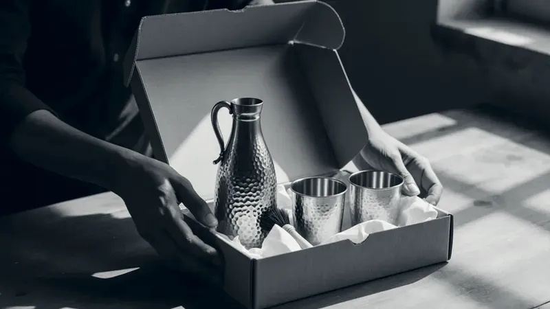 Hands hold open a kraft box packed with a hammered copper jug, two copper tumblers and a small brush in white tissue, on a sunlit wooden table