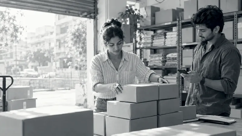 A woman stacks brown cartons on a packing table in a sunny warehouse while a colleague checks his phone, with shelves of cartons and folded fabric behind them