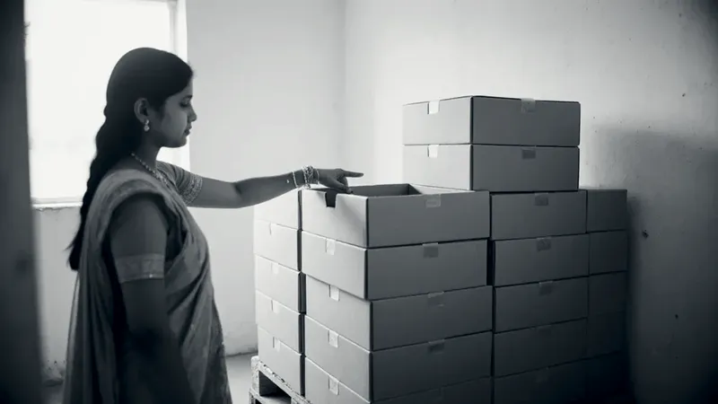 A woman in a saree points into an open, empty carton on top of a stack of plain cartons in a bright storeroom
