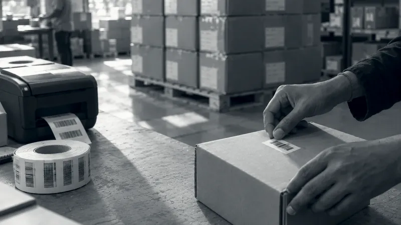 A hand pressing a barcode sticker onto a carton at a warehouse workbench, beside a label printer and a roll of barcode labels, with pallets of boxes behind