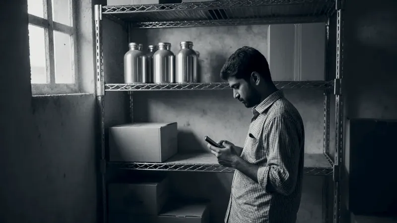 A seller in a checked shirt reads his phone beside a nearly empty steel rack in a small stockroom, with a few steel water bottles and plain cartons left on the shelves