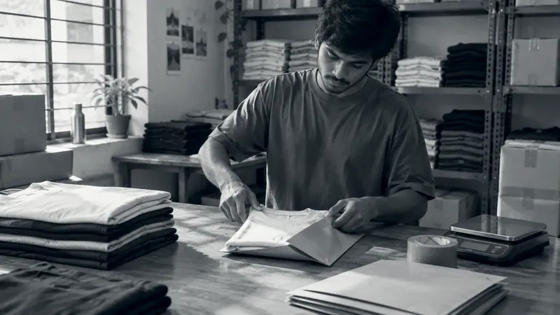 A young man folds a cream cotton T-shirt into a kraft paper mailer on a wooden table, beside stacks of folded T-shirts, a roll of tape and a digital scale