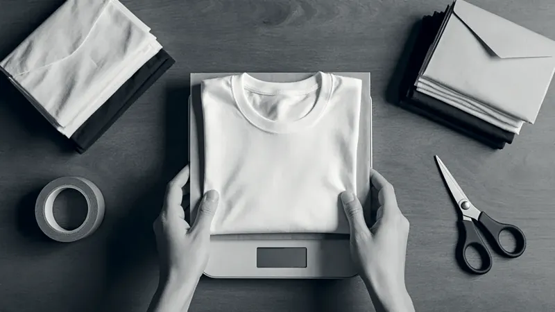Overhead view of hands placing a folded white T-shirt on a kraft mailer on a kitchen scale, beside folded T-shirts, envelopes, tape and scissors
