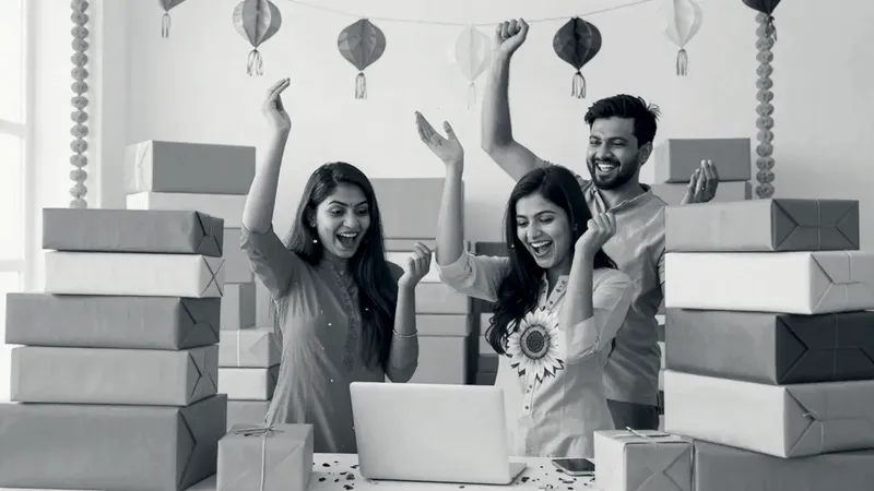 Two young women and a man cheer at a laptop, between tall stacks of brightly wrapped parcels, with paper lanterns and marigolds above them