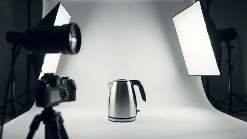 A steel electric kettle on a white paper backdrop between two softbox lights, with a camera on a tripod in the foreground