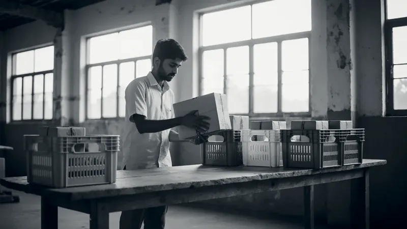 A man sorts plain brown parcels into red, blue, yellow and green crates on a long wooden table in a bright warehouse