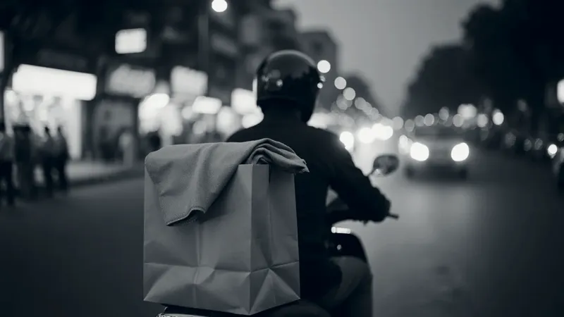 A delivery rider on a scooter on a busy Delhi street at dusk, with a paper bag and a folded kurta strapped behind