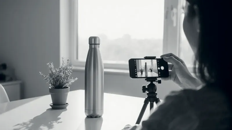 A woman films a plain steel water bottle on a white table with a phone on a small tripod, beside a potted plant and a sunny window