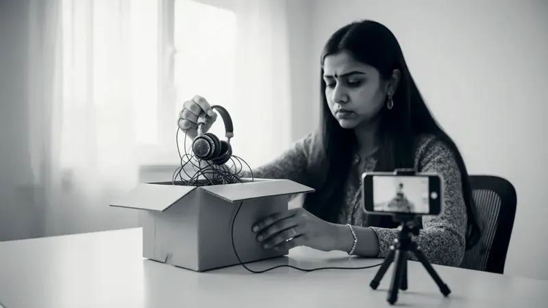 A young woman frowns as she lifts a tangled pair of old headphones out of a returned carton, while a phone on a small tripod records the unboxing
