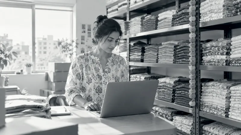 A woman checks stock on a laptop in a sunny storeroom, beside shelves of folded kurtas in many colours and a marigold garland