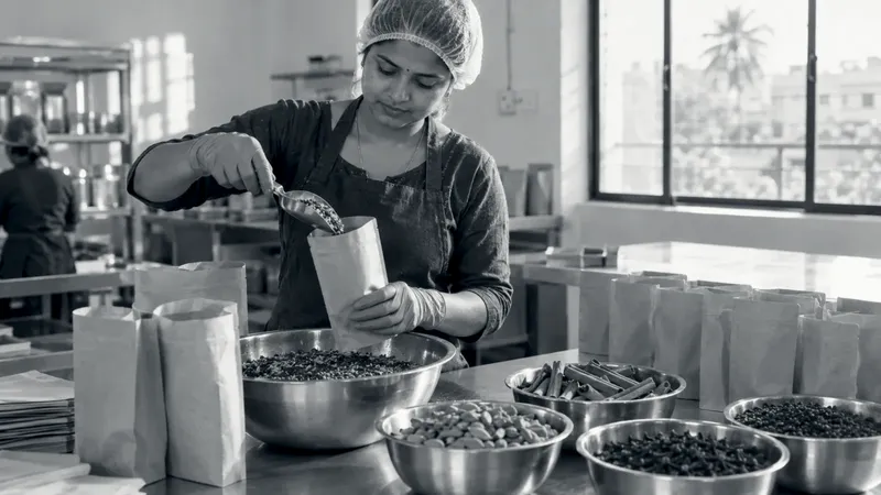 A woman in a hairnet and blue gloves scoops masala chai blend into kraft paper pouches, beside steel bowls of cardamom, cinnamon, cloves and black pepper