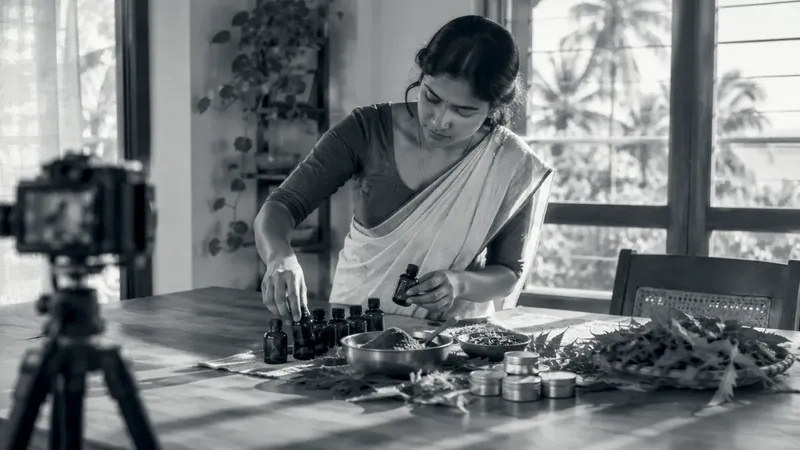 A woman in a Kerala saree arranges amber glass bottles, a brass bowl of henna powder, neem leaves and small steel tins on a teak table, with a camera on a tripod in the foreground