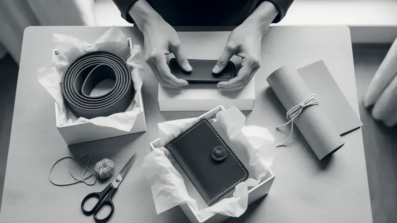 Hands pack brown leather wallets and a coiled belt into white gift boxes lined with tissue paper, beside brown paper, twine and scissors on a table