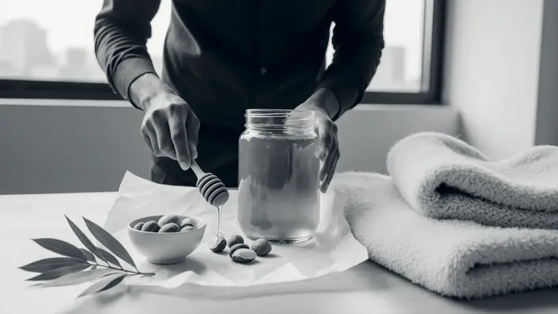 A man drizzles honey from a wooden dipper beside a glass jar of honey, a bowl of macadamia nuts, a eucalyptus sprig and a folded cream wool throw, on a table by a window
