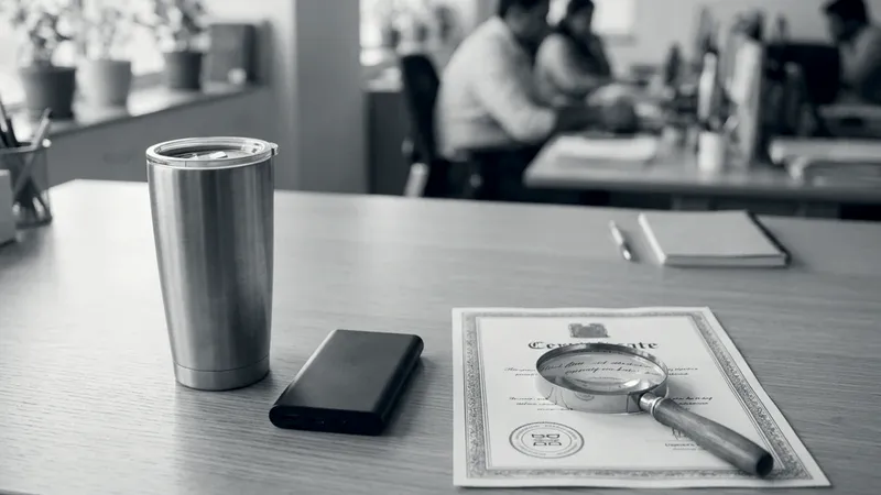 An insulated steel tumbler and a power bank on an office desk, next to a certificate with a magnifying glass resting on it