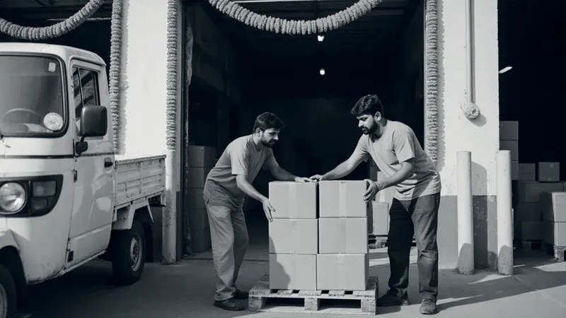 Two men stack plain brown cartons on a pallet at a warehouse loading dock hung with marigold garlands, a small white tempo parked beside them