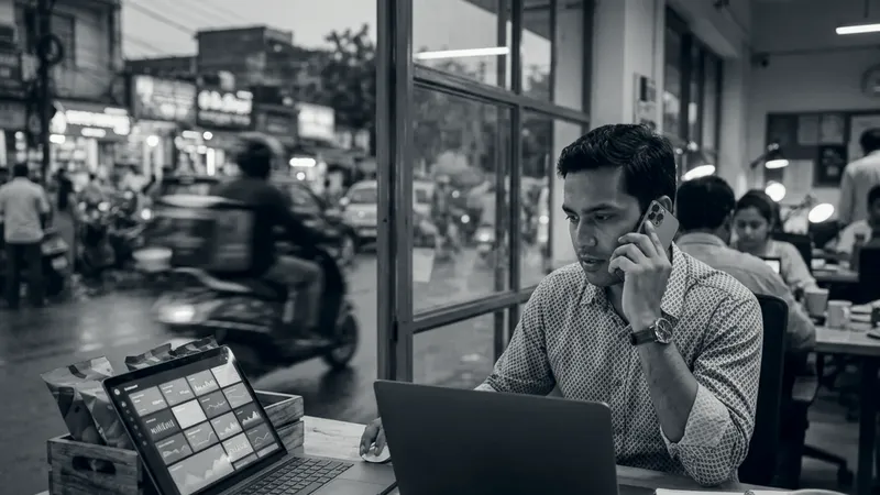 A seller on a phone call at a laptop by a café window, with a delivery scooter passing in the rain outside