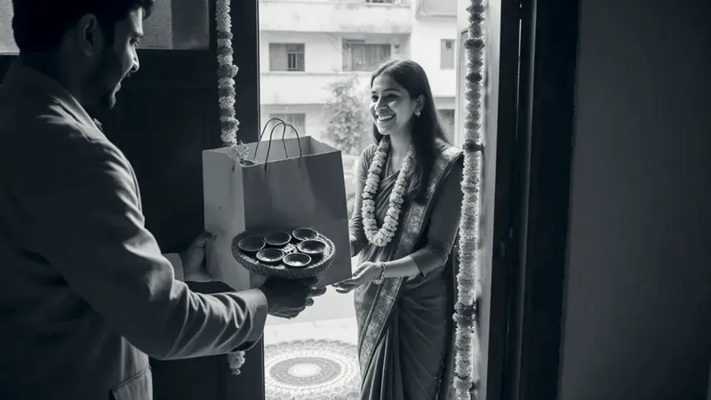 A delivery man hands a paper bag and a tray of clay diyas to a smiling woman at a doorway decorated with marigolds and a rangoli
