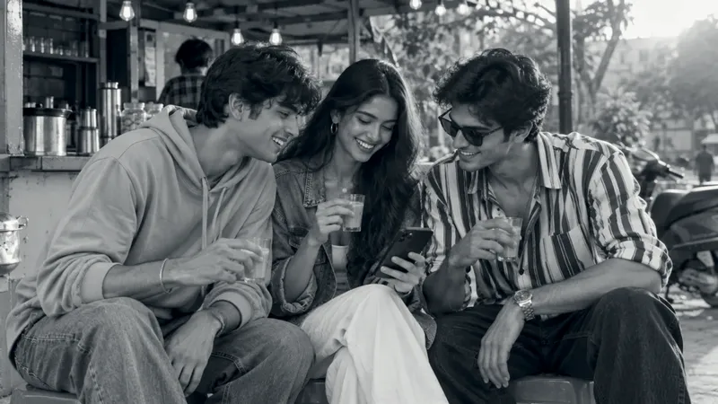 Three friends in a mustard hoodie, a denim jacket and a striped shirt laugh at one phone over glasses of chai, at a turquoise and yellow roadside chai stall in the evening sun
