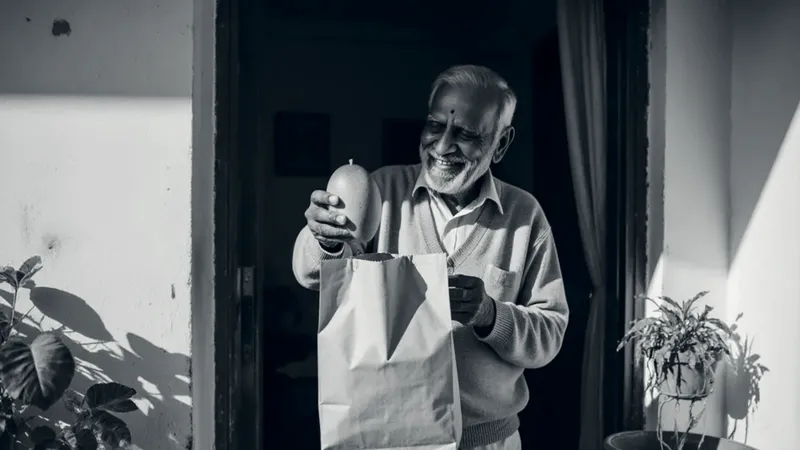 A smiling older man at his door holds up a ripe mango from a paper bag that has just been delivered