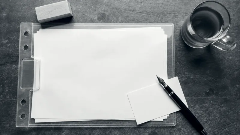 Overhead view of blank papers in a clear folder, a blank card, a fountain pen, a wooden stamp and a glass of tea on a wooden desk