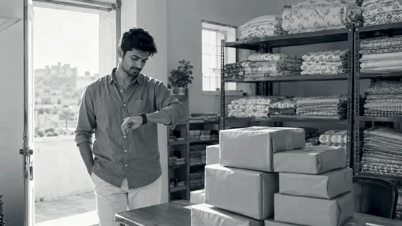 A young man checks his watch in a sunny storeroom beside a stack of brown parcels waiting by the open door, with shelves of folded bedsheets behind him