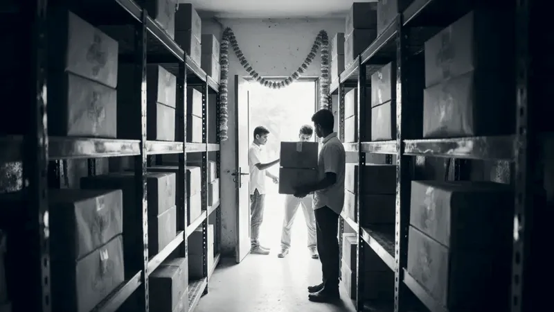 Young workers move cartons along a stockroom aisle lined with metal shelves, with a marigold garland over the bright doorway