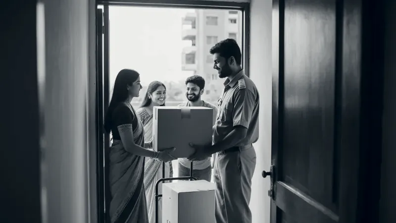 A delivery man in a grey uniform hands a large cardboard box to a smiling family at the door of their apartment