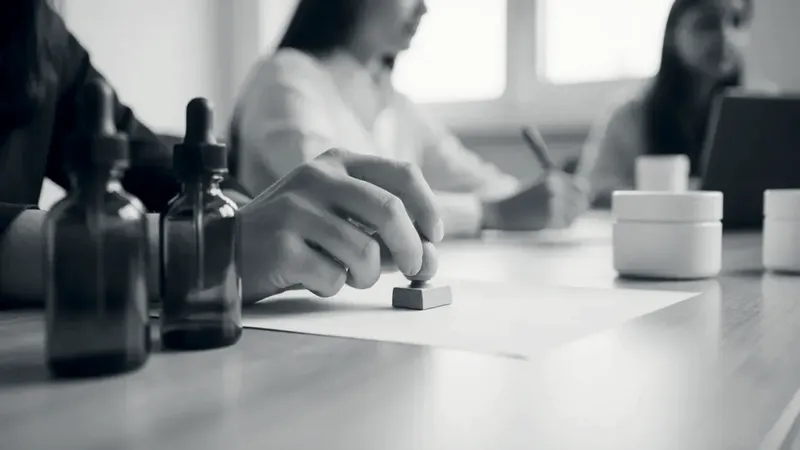 A hand pressing a wooden rubber stamp onto a sheet of paper on an office desk, beside amber glass dropper bottles and white jars, with colleagues working behind