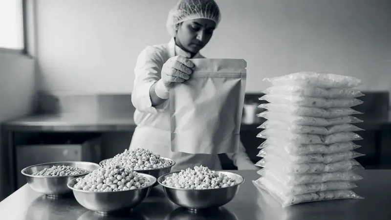 A worker in a hairnet holding up a plain kraft pouch over a steel table with bowls of roasted makhana and a stack of sealed pouches