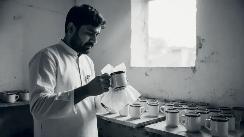 A potter in a cream kurta wraps a ceramic mug with a blue rim in white tissue paper, beside rows of glazed mugs on wooden boards in a sunlit workshop