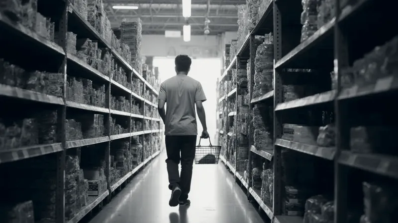 A picker in a grey T-shirt walking down a dark-store aisle with a wire basket, shelves of packed goods on both sides
