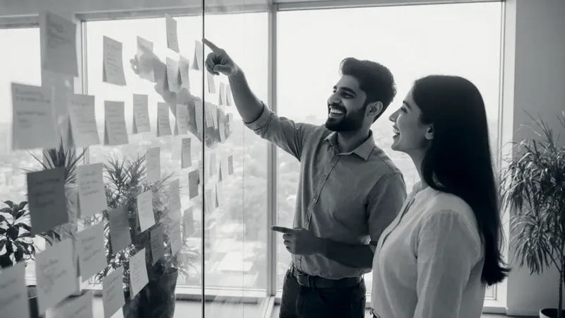 Two young marketers laugh as they plan a campaign at a glass wall covered in sticky notes