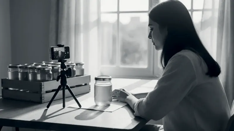 A young woman at a sunny window photographs a jar of honey on white paper with her phone on a small tripod, beside a wooden crate of honey jars