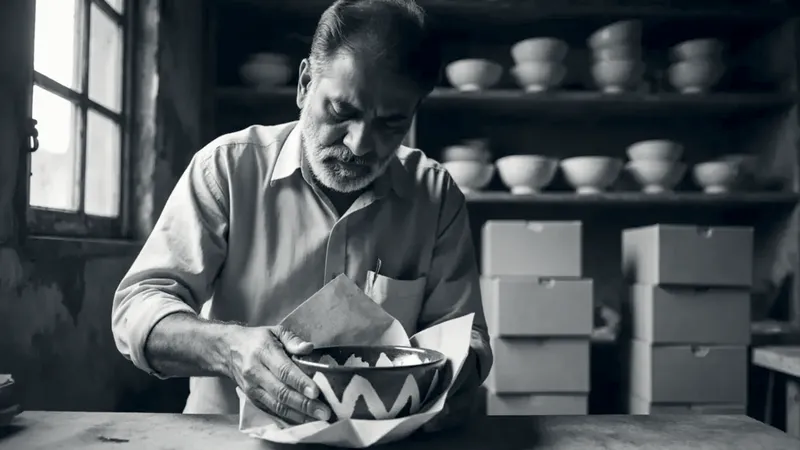 A craftsman wraps a hand-painted blue pottery bowl in brown paper at his workbench, with shelves of bowls and plain boxes behind him