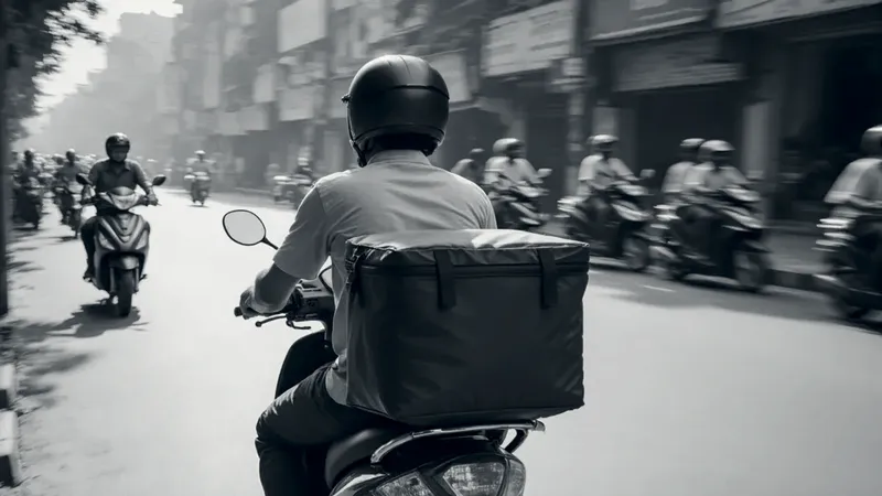 A delivery rider with a plain black insulated bag rides a scooter through busy morning traffic in Delhi