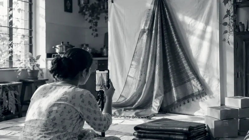 A woman at home photographing a silk saree hung on a white sheet with her phone, next to folded sarees and parcels